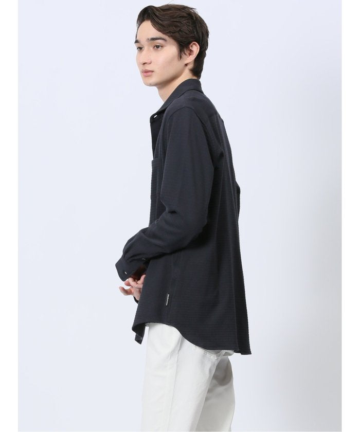 ストレッチジャガード ワイドカラー長袖シャツ (黒) メンズ シャツ カジュアル トップス インナー 長袖 ギフト プレゼント ライトアウター カーディガン アウター 黒