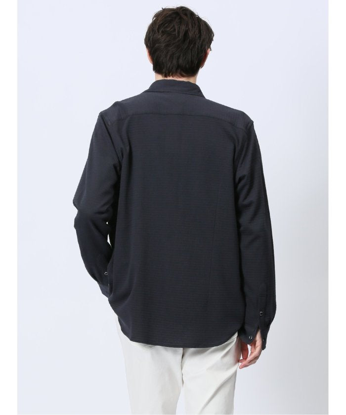 ストレッチジャガード ワイドカラー長袖シャツ (黒) メンズ シャツ カジュアル トップス インナー 長袖 ギフト プレゼント ライトアウター カーディガン アウター 黒