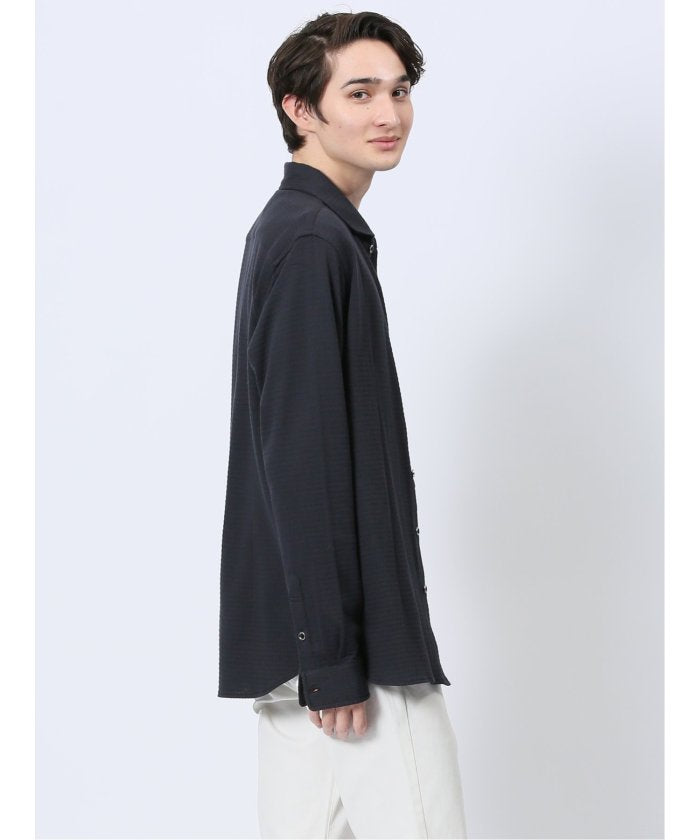 ストレッチジャガード ワイドカラー長袖シャツ (黒) メンズ シャツ カジュアル トップス インナー 長袖 ギフト プレゼント ライトアウター カーディガン アウター 黒