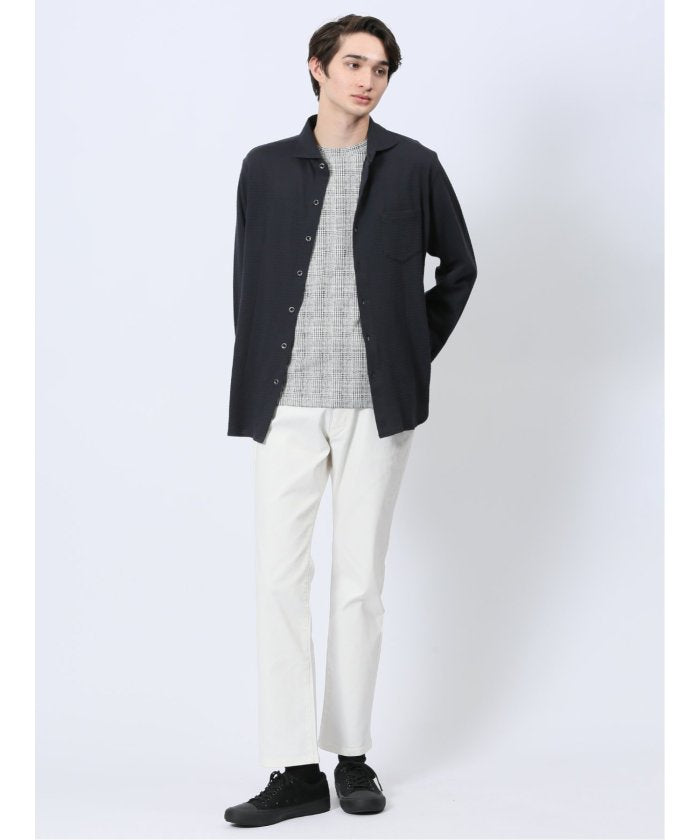 ストレッチジャガード ワイドカラー長袖シャツ (黒) メンズ シャツ カジュアル トップス インナー 長袖 ギフト プレゼント ライトアウター カーディガン アウター 黒