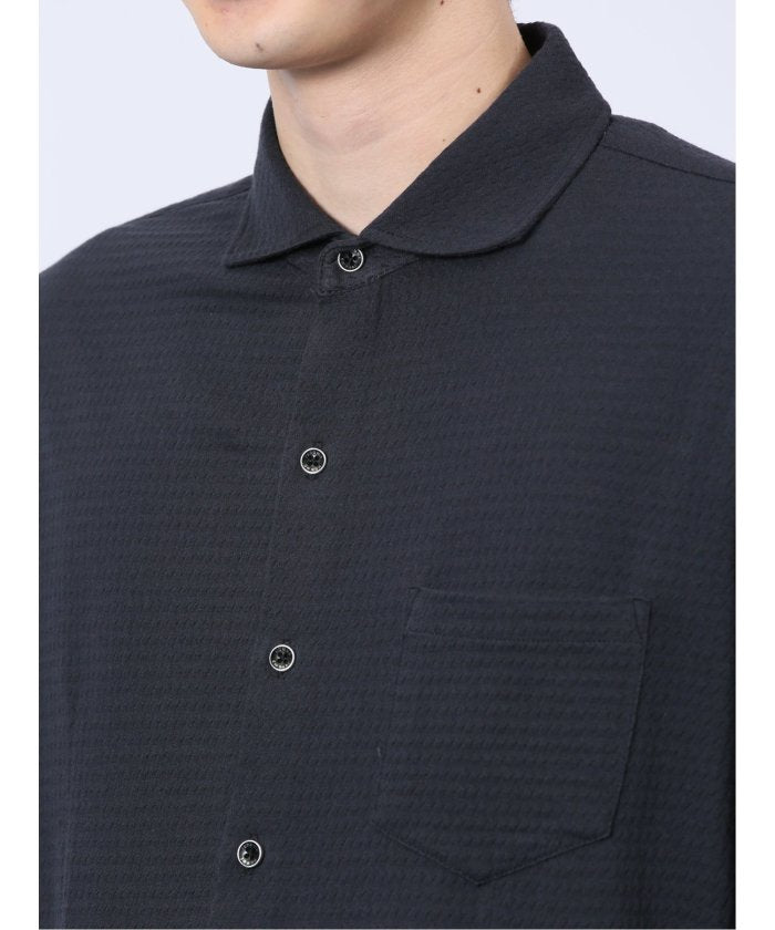 ストレッチジャガード ワイドカラー長袖シャツ (黒) メンズ シャツ カジュアル トップス インナー 長袖 ギフト プレゼント ライトアウター カーディガン アウター 黒