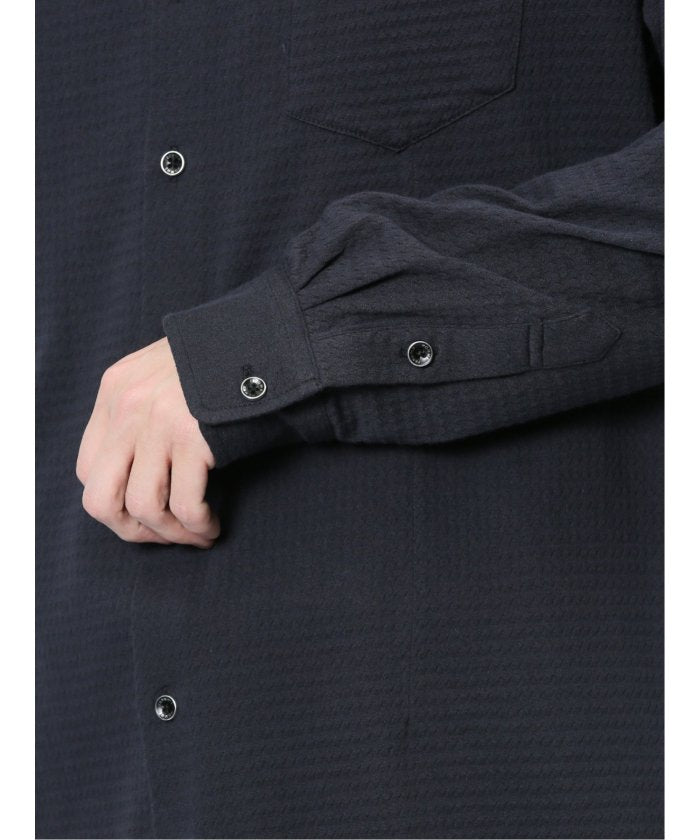 ストレッチジャガード ワイドカラー長袖シャツ (黒) メンズ シャツ カジュアル トップス インナー 長袖 ギフト プレゼント ライトアウター カーディガン アウター 黒