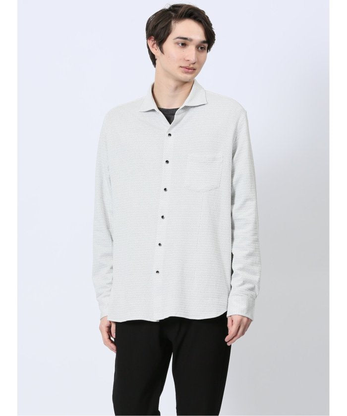 ストレッチジャガード ワイドカラー長袖シャツ (黒) メンズ シャツ カジュアル トップス インナー 長袖 ギフト プレゼント ライトアウター カーディガン アウター 白