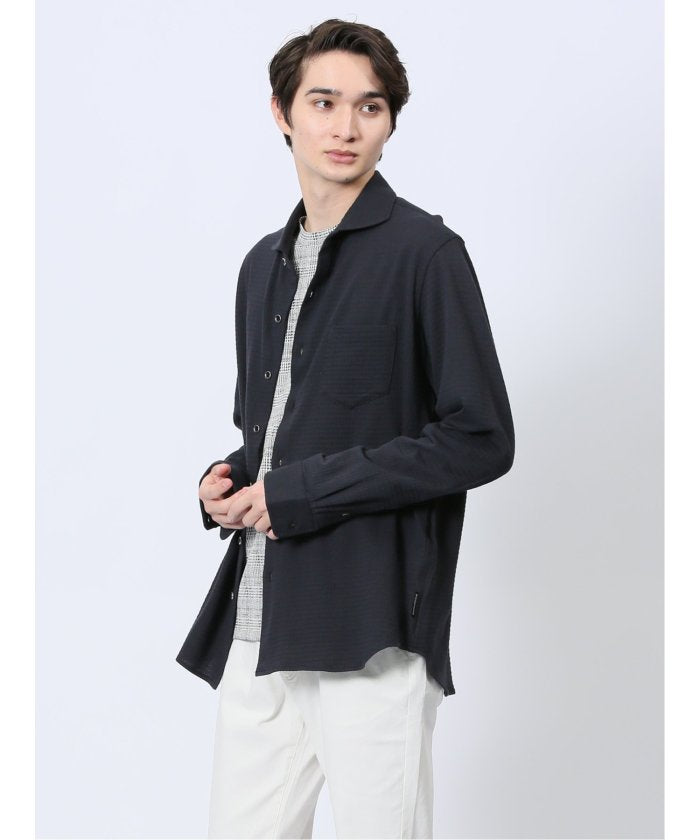 ストレッチジャガード ワイドカラー長袖シャツ (黒) メンズ シャツ カジュアル トップス インナー 長袖 ギフト プレゼント ライトアウター カーディガン アウター 紺