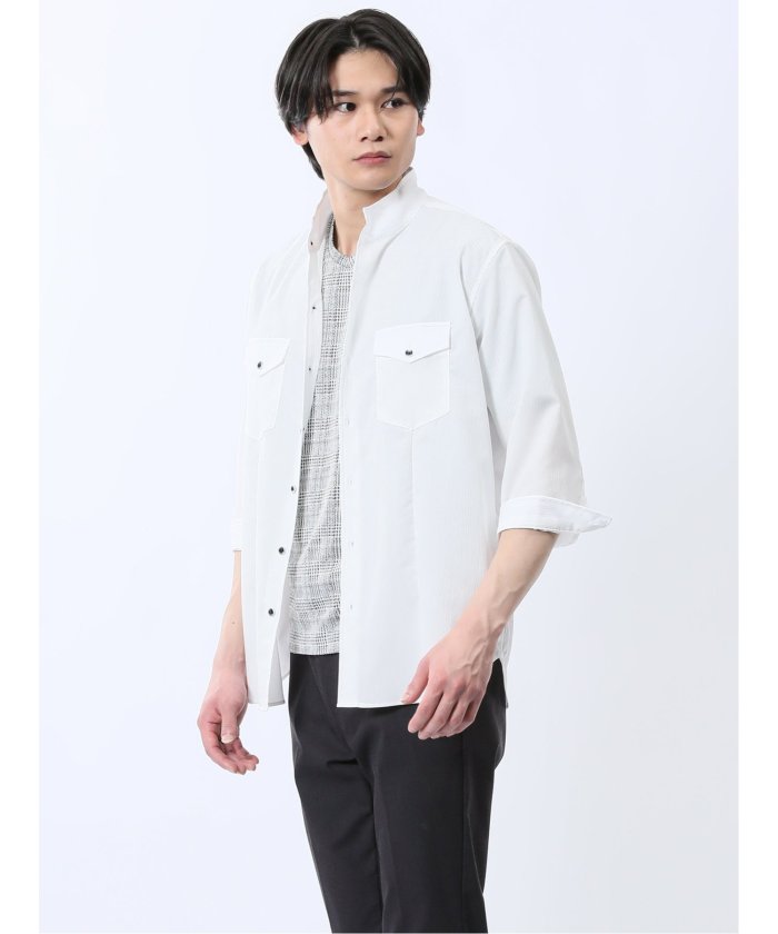 ストレッチ 楊柳 スタンドカラー7分袖シャツ (黒) メンズ シャツ カジュアル トップス インナー 半袖 5分袖 ギフト プレゼント ライトアウター カーディガン アウター 白