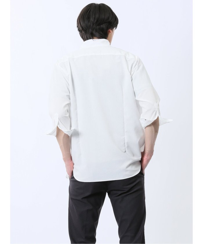 ストレッチ 楊柳 スタンドカラー7分袖シャツ (黒) メンズ シャツ カジュアル トップス インナー 半袖 5分袖 ギフト プレゼント ライトアウター カーディガン アウター 白