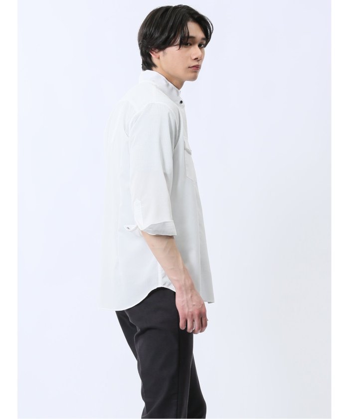 ストレッチ 楊柳 スタンドカラー7分袖シャツ (黒) メンズ シャツ カジュアル トップス インナー 半袖 5分袖 ギフト プレゼント ライトアウター カーディガン アウター 白