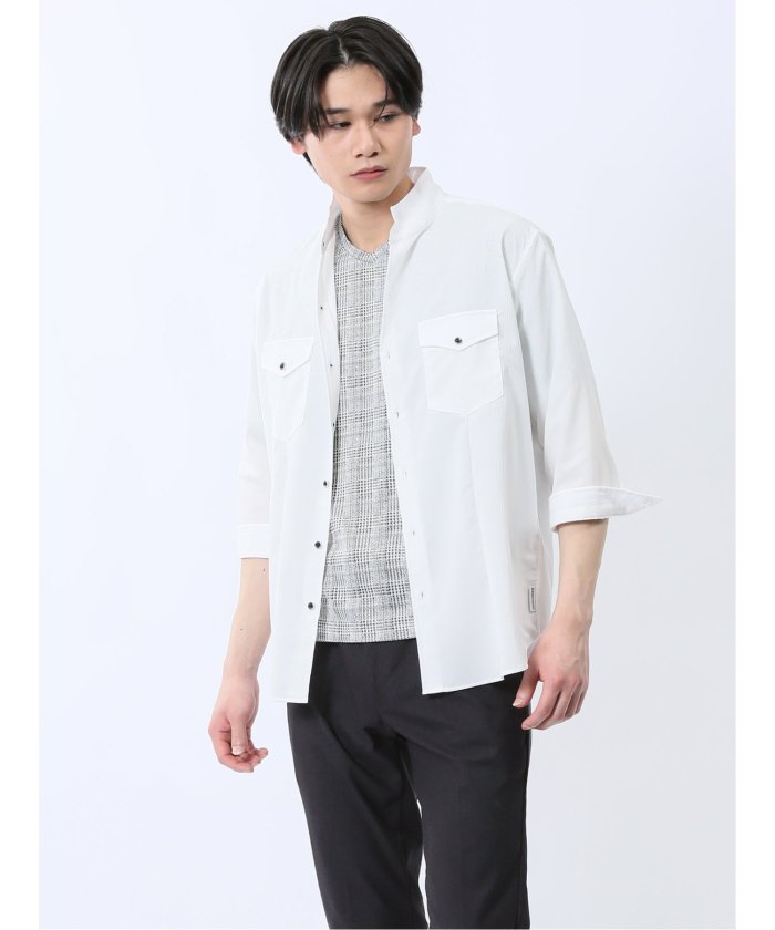 ストレッチ 楊柳 スタンドカラー7分袖シャツ (黒) メンズ シャツ カジュアル トップス インナー 半袖 5分袖 ギフト プレゼント ライトアウター カーディガン アウター 白