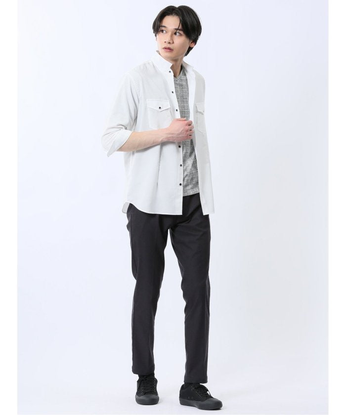 ストレッチ 楊柳 スタンドカラー7分袖シャツ (黒) メンズ シャツ カジュアル トップス インナー 半袖 5分袖 ギフト プレゼント ライトアウター カーディガン アウター 白