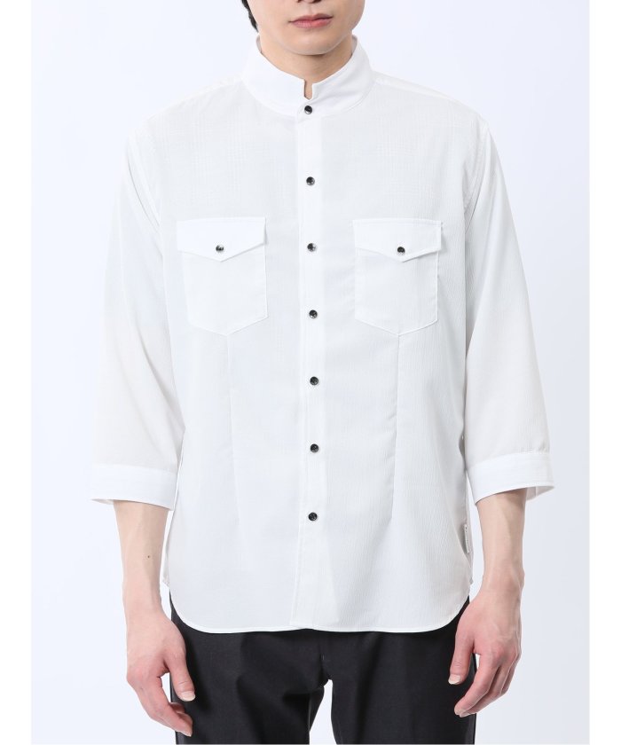 ストレッチ 楊柳 スタンドカラー7分袖シャツ (黒) メンズ シャツ カジュアル トップス インナー 半袖 5分袖 ギフト プレゼント ライトアウター カーディガン アウター 白