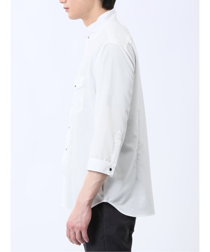 ストレッチ 楊柳 スタンドカラー7分袖シャツ (黒) メンズ シャツ カジュアル トップス インナー 半袖 5分袖 ギフト プレゼント ライトアウター カーディガン アウター 白