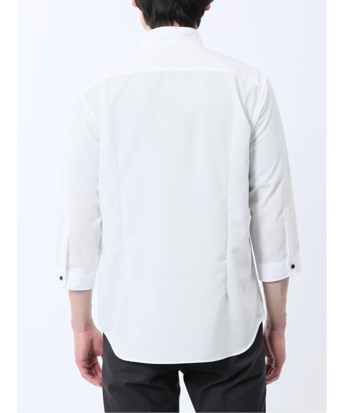 ストレッチ 楊柳 スタンドカラー7分袖シャツ (黒) メンズ シャツ カジュアル トップス インナー 半袖 5分袖 ギフト プレゼント ライトアウター カーディガン アウター 白