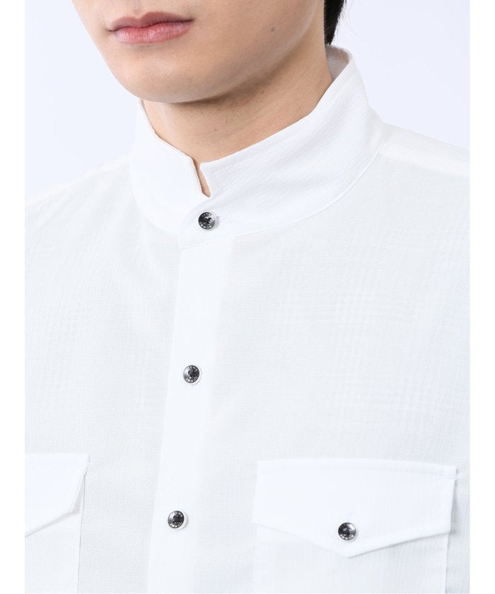 ストレッチ 楊柳 スタンドカラー7分袖シャツ (黒) メンズ シャツ カジュアル トップス インナー 半袖 5分袖 ギフト プレゼント ライトアウター カーディガン アウター 白