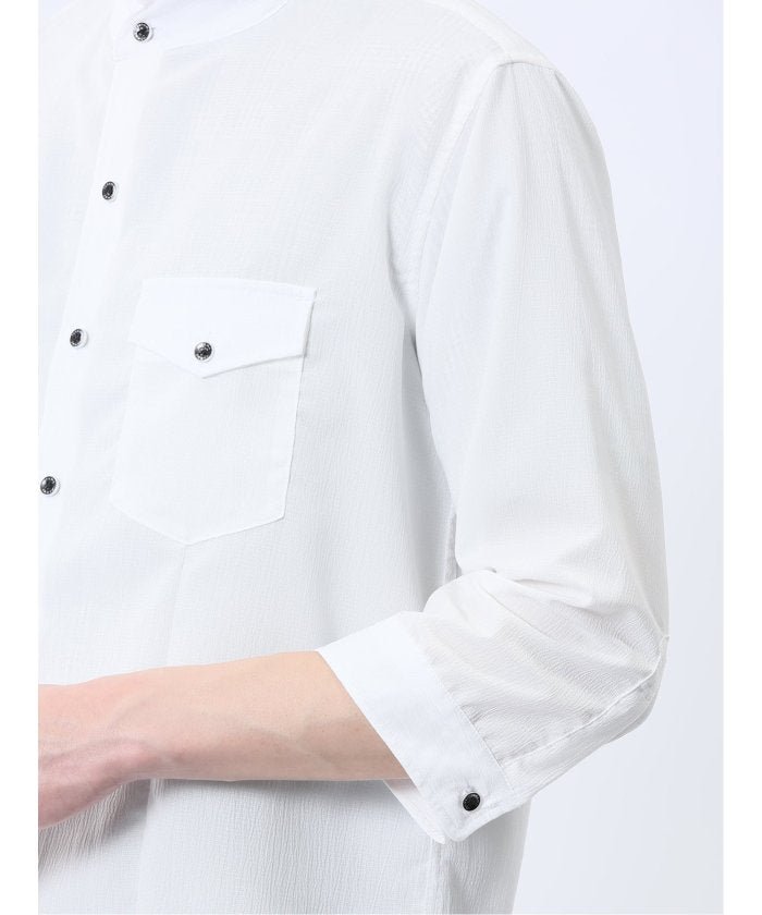 ストレッチ 楊柳 スタンドカラー7分袖シャツ (黒) メンズ シャツ カジュアル トップス インナー 半袖 5分袖 ギフト プレゼント ライトアウター カーディガン アウター 白