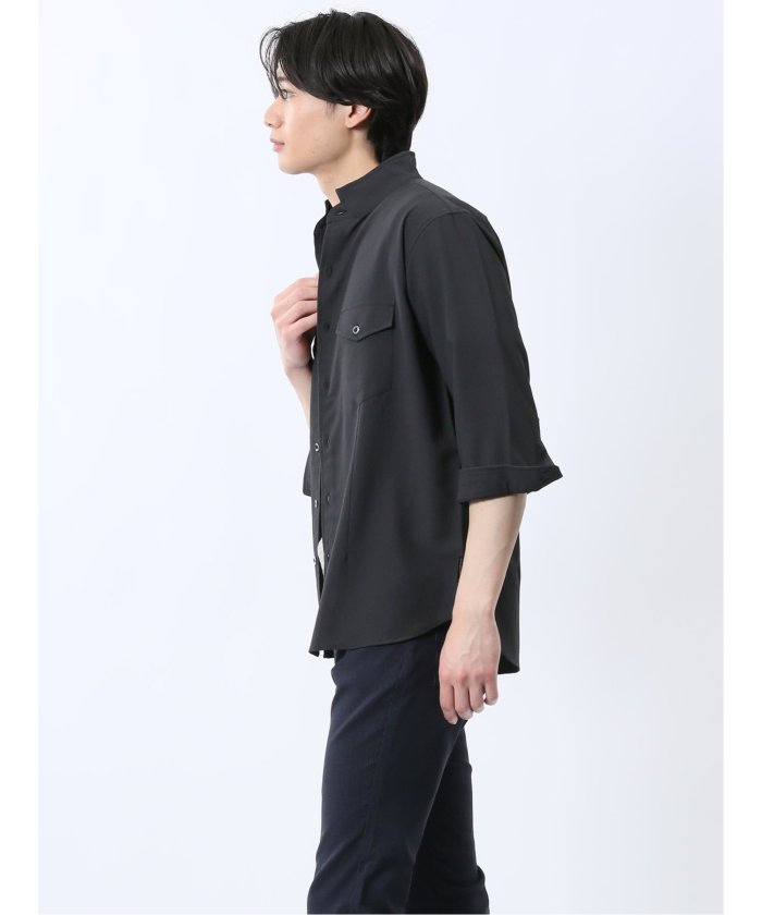 ストレッチ 楊柳 スタンドカラー7分袖シャツ (黒) メンズ シャツ カジュアル トップス インナー 半袖 5分袖 ギフト プレゼント ライトアウター カーディガン アウター 白