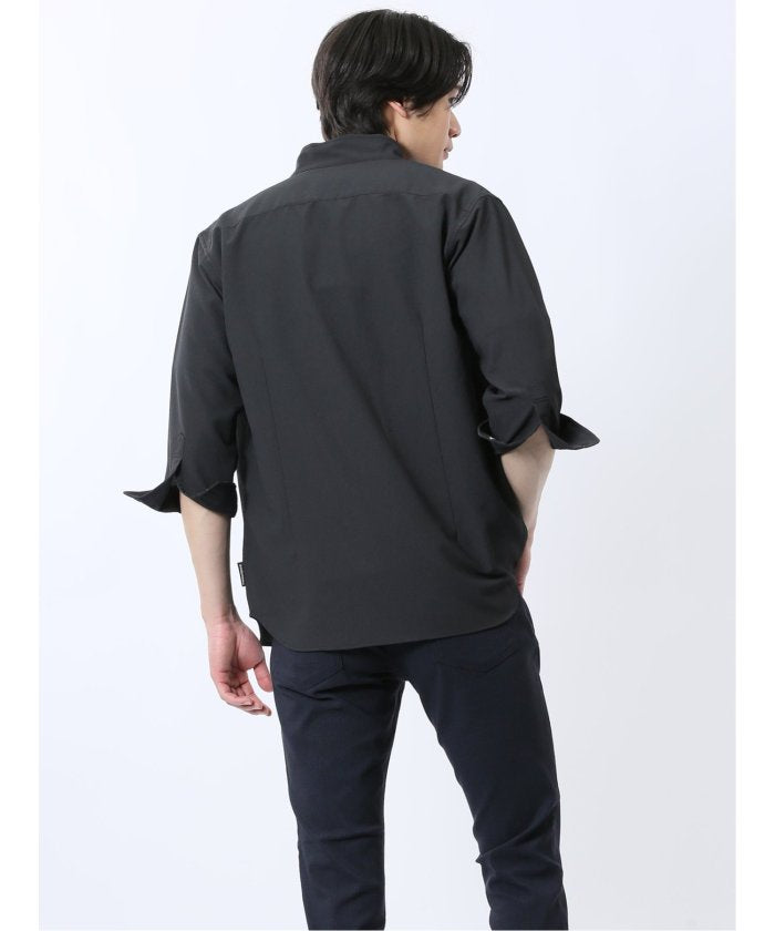 ストレッチ 楊柳 スタンドカラー7分袖シャツ (黒) メンズ シャツ カジュアル トップス インナー 半袖 5分袖 ギフト プレゼント ライトアウター カーディガン アウター 白