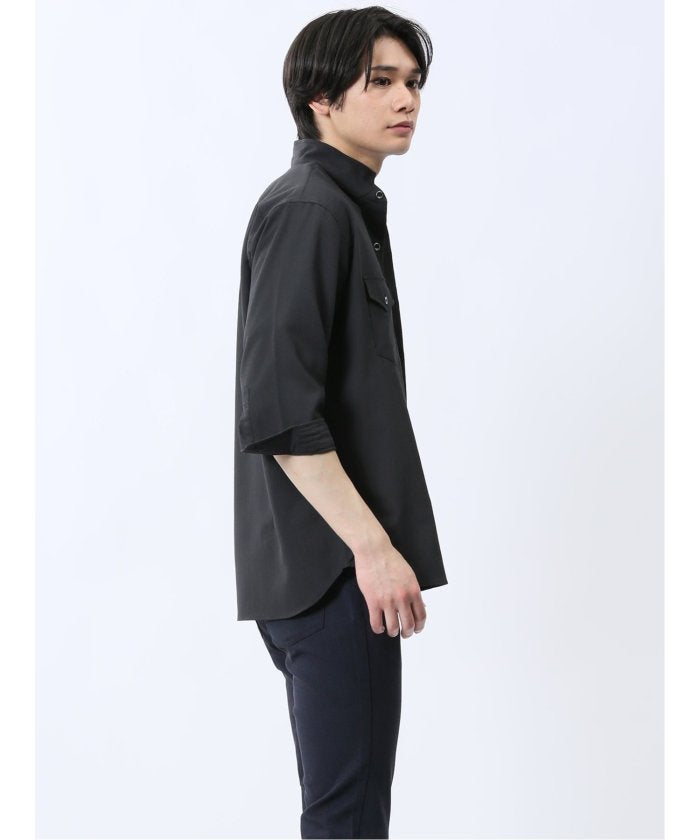 ストレッチ 楊柳 スタンドカラー7分袖シャツ (黒) メンズ シャツ カジュアル トップス インナー 半袖 5分袖 ギフト プレゼント ライトアウター カーディガン アウター 白