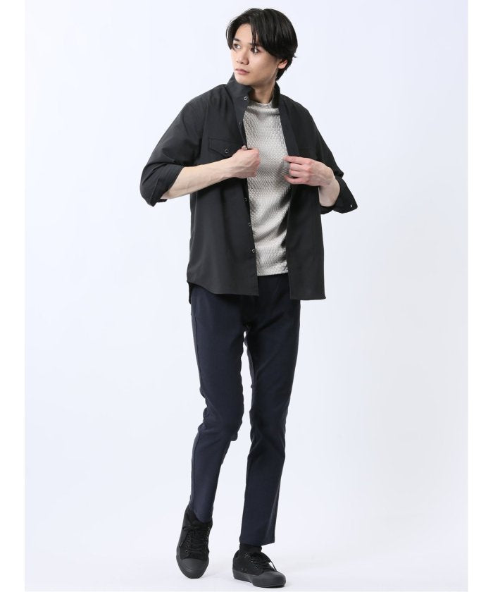 ストレッチ 楊柳 スタンドカラー7分袖シャツ (黒) メンズ シャツ カジュアル トップス インナー 半袖 5分袖 ギフト プレゼント ライトアウター カーディガン アウター 白