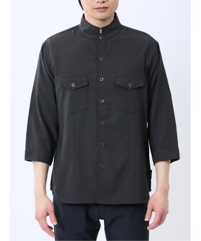 ストレッチ 楊柳 スタンドカラー7分袖シャツ (黒) メンズ シャツ カジュアル トップス インナー 半袖 5分袖 ギフト プレゼント ライトアウター カーディガン アウター 白