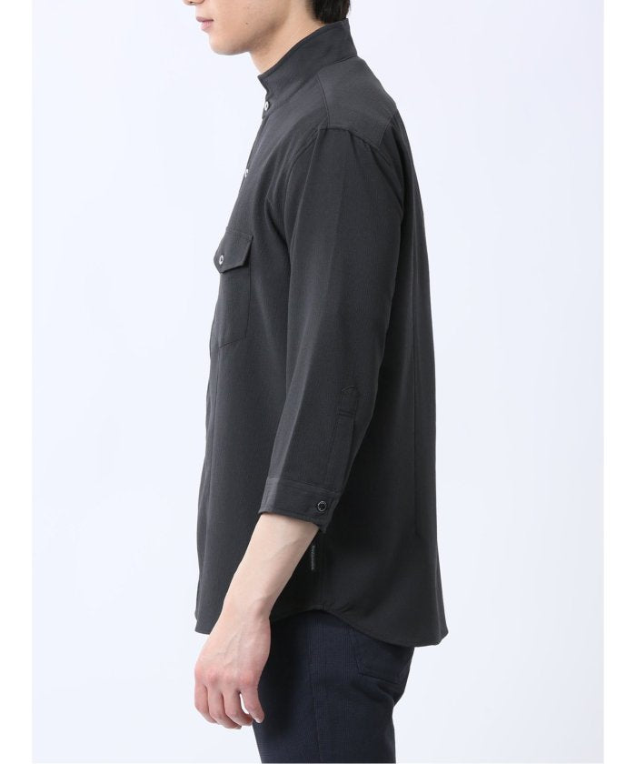 ストレッチ 楊柳 スタンドカラー7分袖シャツ (黒) メンズ シャツ カジュアル トップス インナー 半袖 5分袖 ギフト プレゼント ライトアウター カーディガン アウター 白