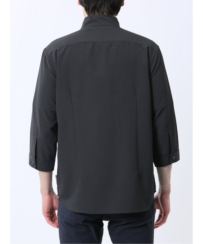 ストレッチ 楊柳 スタンドカラー7分袖シャツ (黒) メンズ シャツ カジュアル トップス インナー 半袖 5分袖 ギフト プレゼント ライトアウター カーディガン アウター 白