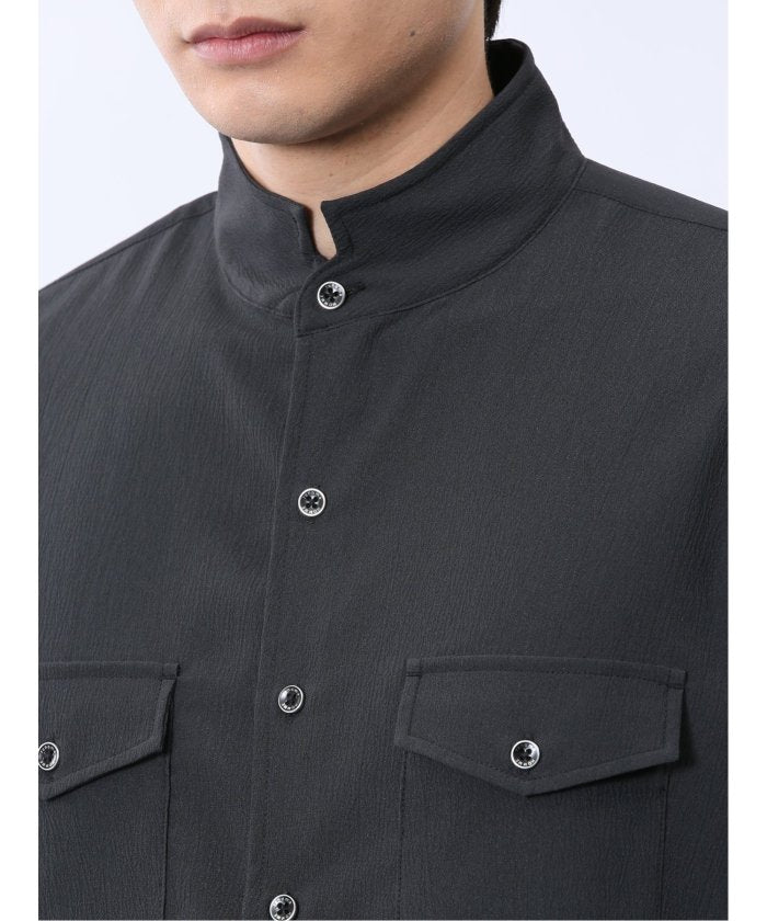 ストレッチ 楊柳 スタンドカラー7分袖シャツ (黒) メンズ シャツ カジュアル トップス インナー 半袖 5分袖 ギフト プレゼント ライトアウター カーディガン アウター 白