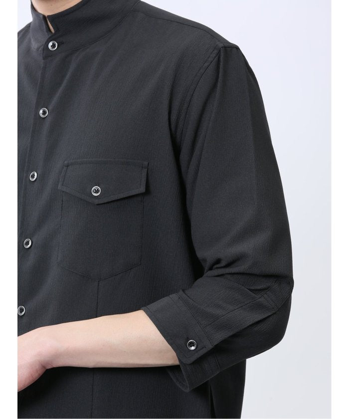 ストレッチ 楊柳 スタンドカラー7分袖シャツ (黒) メンズ シャツ カジュアル トップス インナー 半袖 5分袖 ギフト プレゼント ライトアウター カーディガン アウター 白