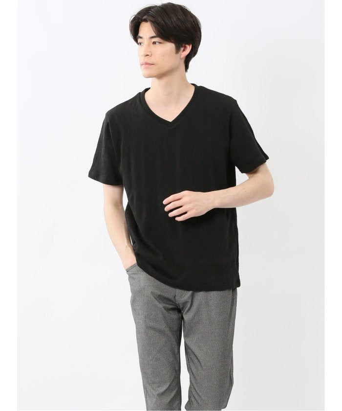 ふくれアーガイル Vネック半袖Tシャツ (黒) メンズ Tシャツ カットソー カジュアル インナー トップス ギフト プレゼント 黒