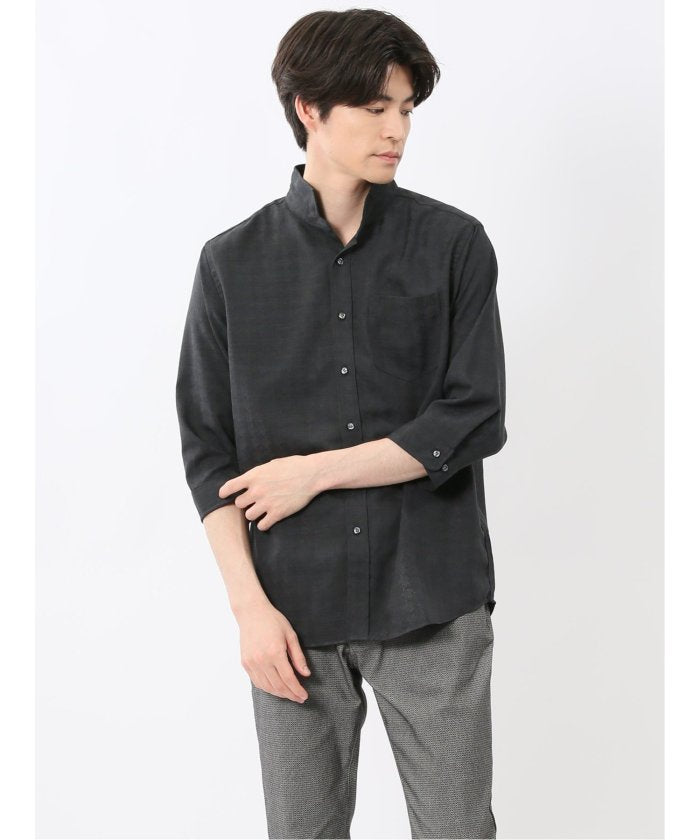 TechLinen スタンドカラー 7分袖シャツ (黒) メンズ シャツ カジュアル トップス インナー 半袖 5分袖 ギフト プレゼント ライトアウター カーディガン アウター 黒