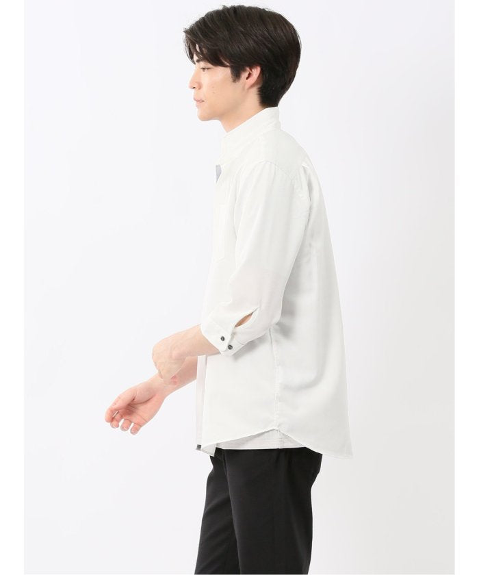 TechLinen スタンドカラー 7分袖シャツ (黒) メンズ シャツ カジュアル トップス インナー 半袖 5分袖 ギフト プレゼント ライトアウター カーディガン アウター 黒