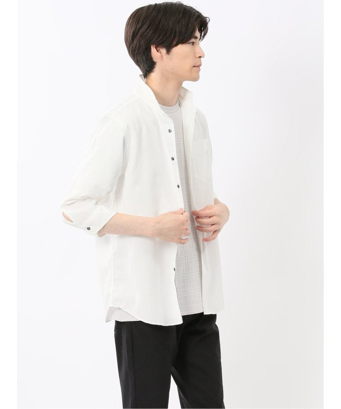 TechLinen スタンドカラー 7分袖シャツ (黒) メンズ シャツ カジュアル トップス インナー 半袖 5分袖 ギフト プレゼント ライトアウター カーディガン アウター 黒