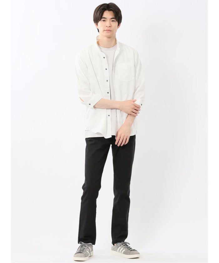 TechLinen スタンドカラー 7分袖シャツ (黒) メンズ シャツ カジュアル トップス インナー 半袖 5分袖 ギフト プレゼント ライトアウター カーディガン アウター 黒