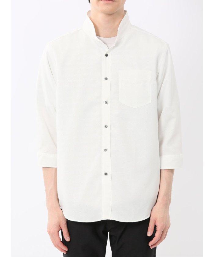 TechLinen スタンドカラー 7分袖シャツ (黒) メンズ シャツ カジュアル トップス インナー 半袖 5分袖 ギフト プレゼント ライトアウター カーディガン アウター 黒