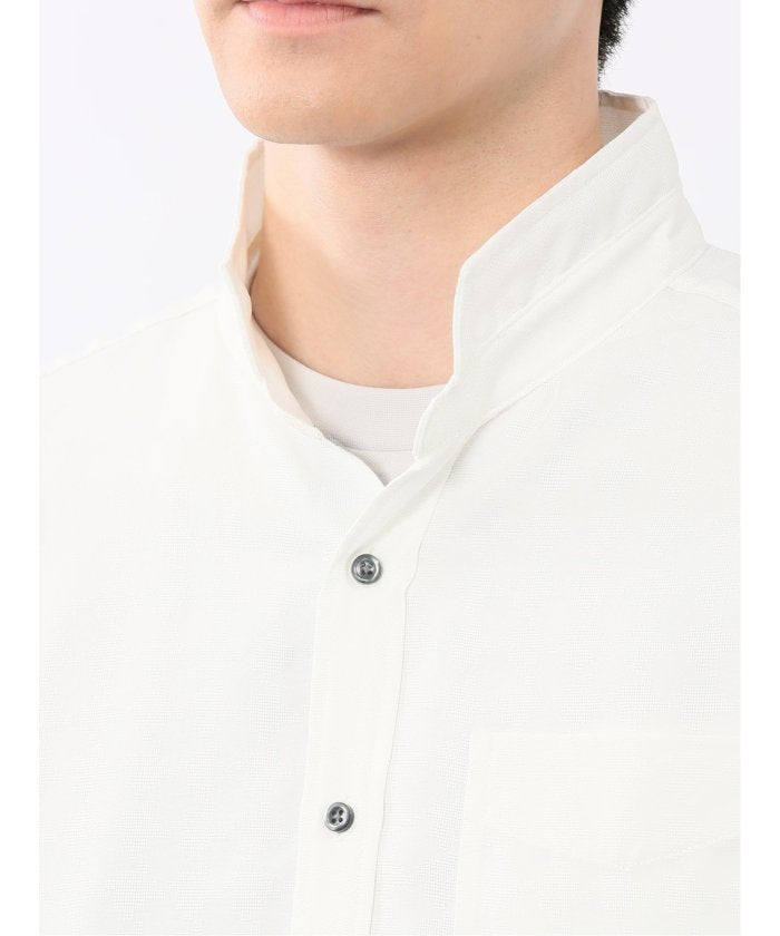 TechLinen スタンドカラー 7分袖シャツ (黒) メンズ シャツ カジュアル トップス インナー 半袖 5分袖 ギフト プレゼント ライトアウター カーディガン アウター 黒