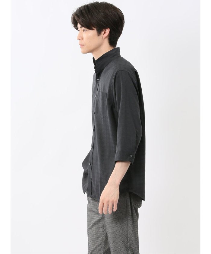 TechLinen スタンドカラー 7分袖シャツ (黒) メンズ シャツ カジュアル トップス インナー 半袖 5分袖 ギフト プレゼント ライトアウター カーディガン アウター 黒