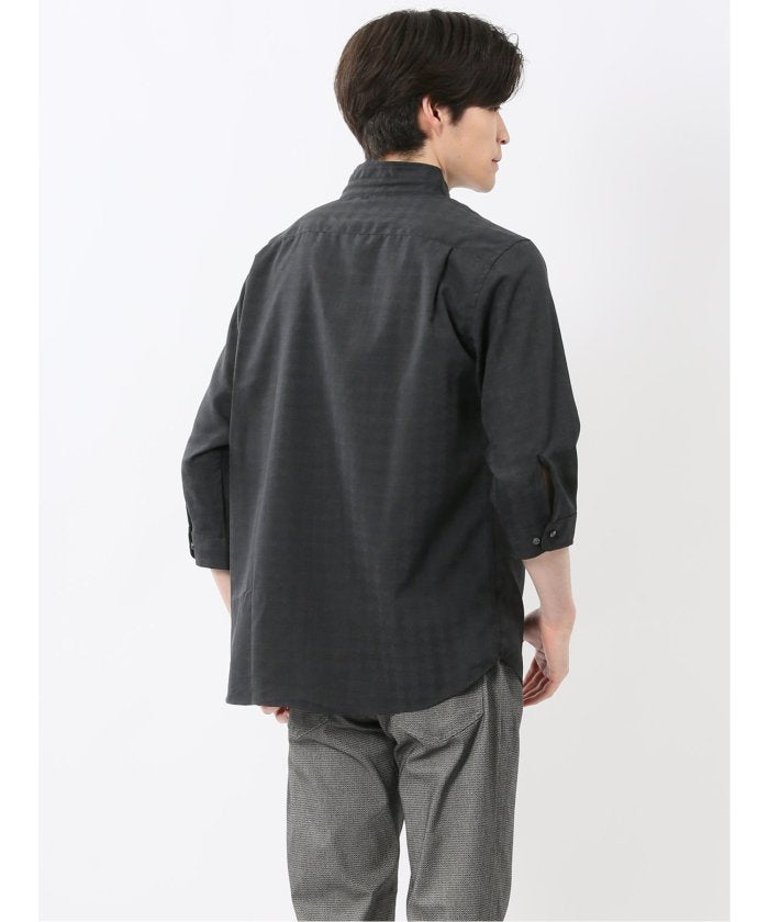 TechLinen スタンドカラー 7分袖シャツ (黒) メンズ シャツ カジュアル トップス インナー 半袖 5分袖 ギフト プレゼント ライトアウター カーディガン アウター 黒