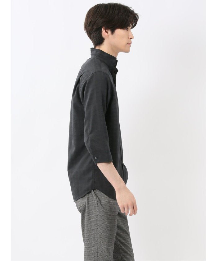 TechLinen スタンドカラー 7分袖シャツ (黒) メンズ シャツ カジュアル トップス インナー 半袖 5分袖 ギフト プレゼント ライトアウター カーディガン アウター 黒