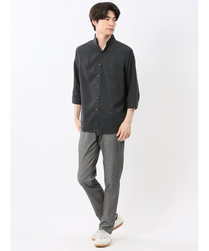 TechLinen スタンドカラー 7分袖シャツ (黒) メンズ シャツ カジュアル トップス インナー 半袖 5分袖 ギフト プレゼント ライトアウター カーディガン アウター 黒