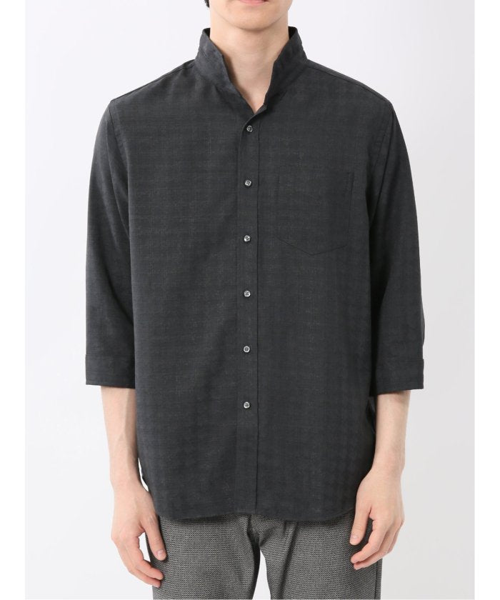 TechLinen スタンドカラー 7分袖シャツ (黒) メンズ シャツ カジュアル トップス インナー 半袖 5分袖 ギフト プレゼント ライトアウター カーディガン アウター 黒