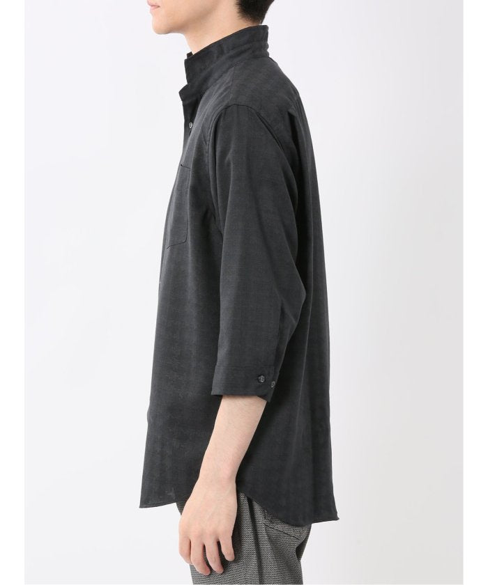 TechLinen スタンドカラー 7分袖シャツ (黒) メンズ シャツ カジュアル トップス インナー 半袖 5分袖 ギフト プレゼント ライトアウター カーディガン アウター 黒