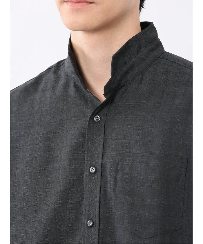 TechLinen スタンドカラー 7分袖シャツ (黒) メンズ シャツ カジュアル トップス インナー 半袖 5分袖 ギフト プレゼント ライトアウター カーディガン アウター 黒