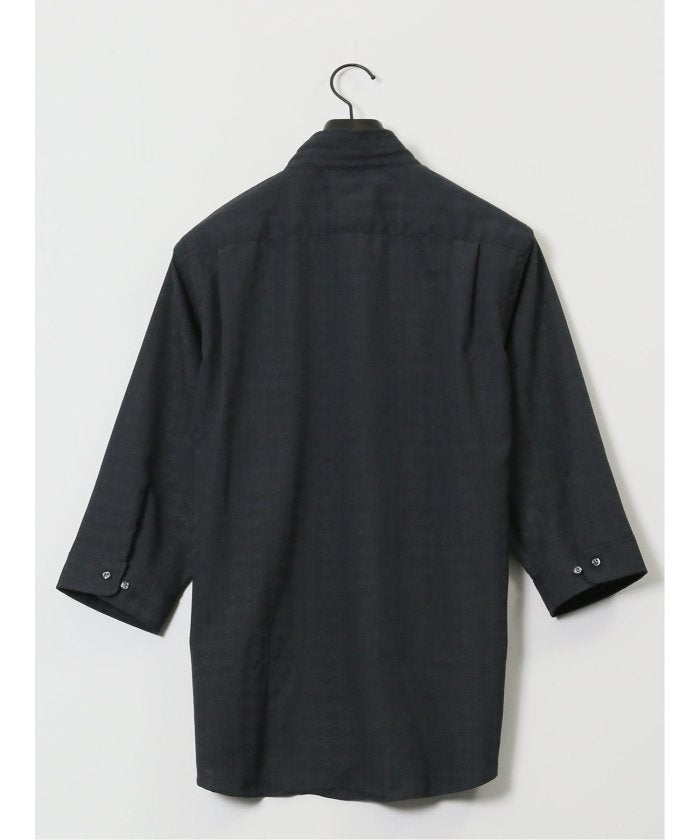 TechLinen スタンドカラー 7分袖シャツ (黒) メンズ シャツ カジュアル トップス インナー 半袖 5分袖 ギフト プレゼント ライトアウター カーディガン アウター 黒