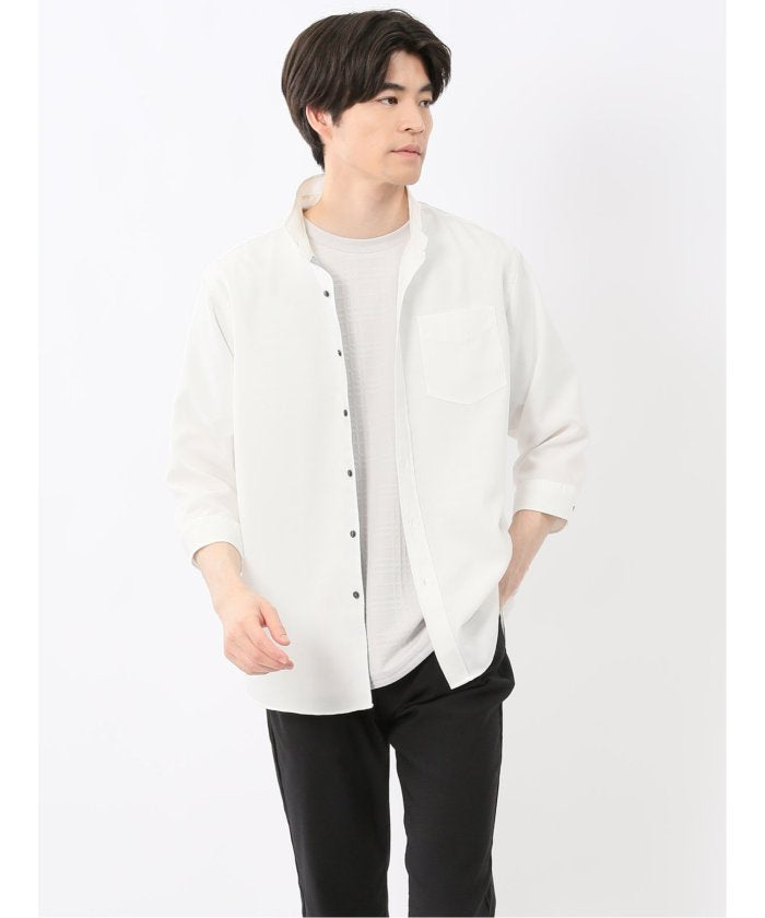 TechLinen スタンドカラー 7分袖シャツ (黒) メンズ シャツ カジュアル トップス インナー 半袖 5分袖 ギフト プレゼント ライトアウター カーディガン アウター 黒