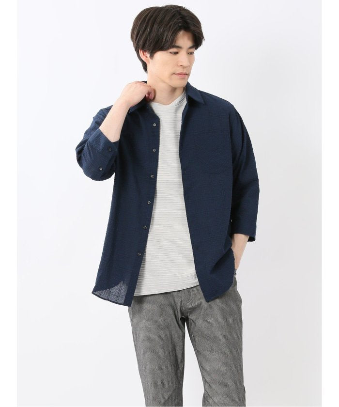 サッカーチェック レギュラーカラー7分袖シャツ (紺) メンズ シャツ カジュアル トップス インナー 半袖 5分袖 ギフト プレゼント ライトアウター カーディガン アウター 紺