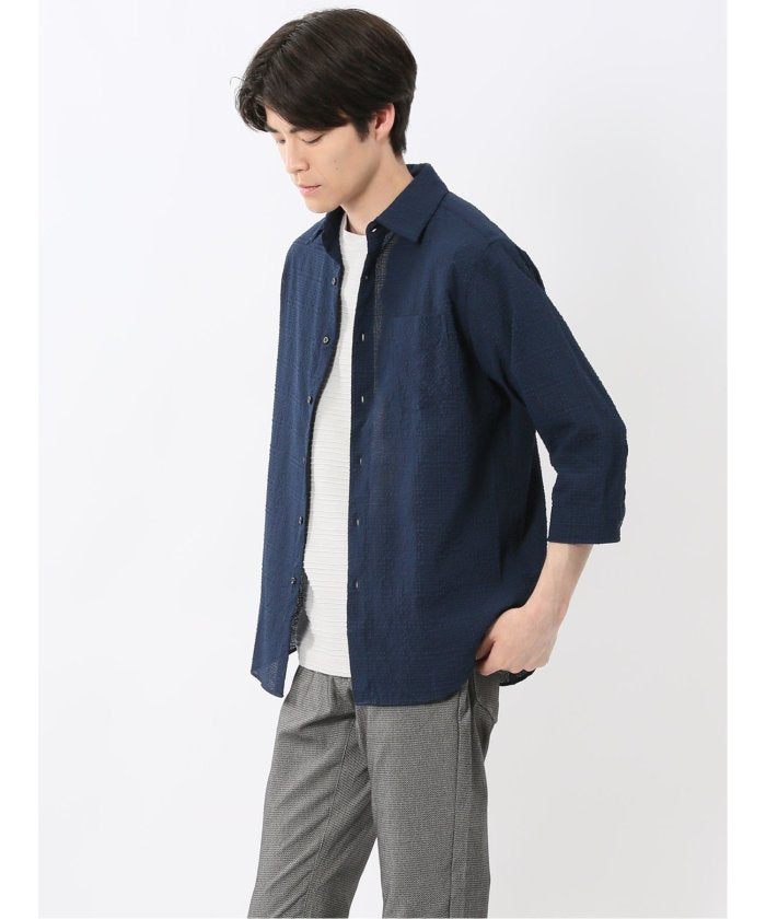 サッカーチェック レギュラーカラー7分袖シャツ (紺) メンズ シャツ カジュアル トップス インナー 半袖 5分袖 ギフト プレゼント ライトアウター カーディガン アウター 紺