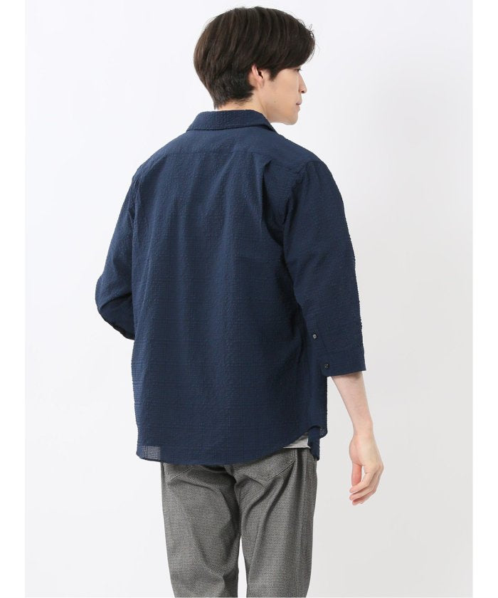 サッカーチェック レギュラーカラー7分袖シャツ (紺) メンズ シャツ カジュアル トップス インナー 半袖 5分袖 ギフト プレゼント ライトアウター カーディガン アウター 紺