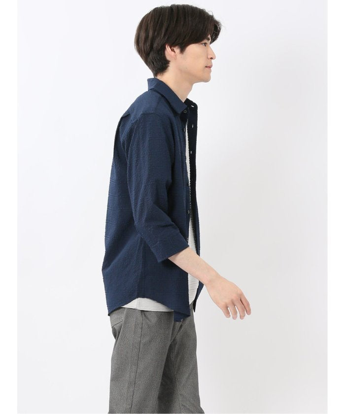 サッカーチェック レギュラーカラー7分袖シャツ (紺) メンズ シャツ カジュアル トップス インナー 半袖 5分袖 ギフト プレゼント ライトアウター カーディガン アウター 紺