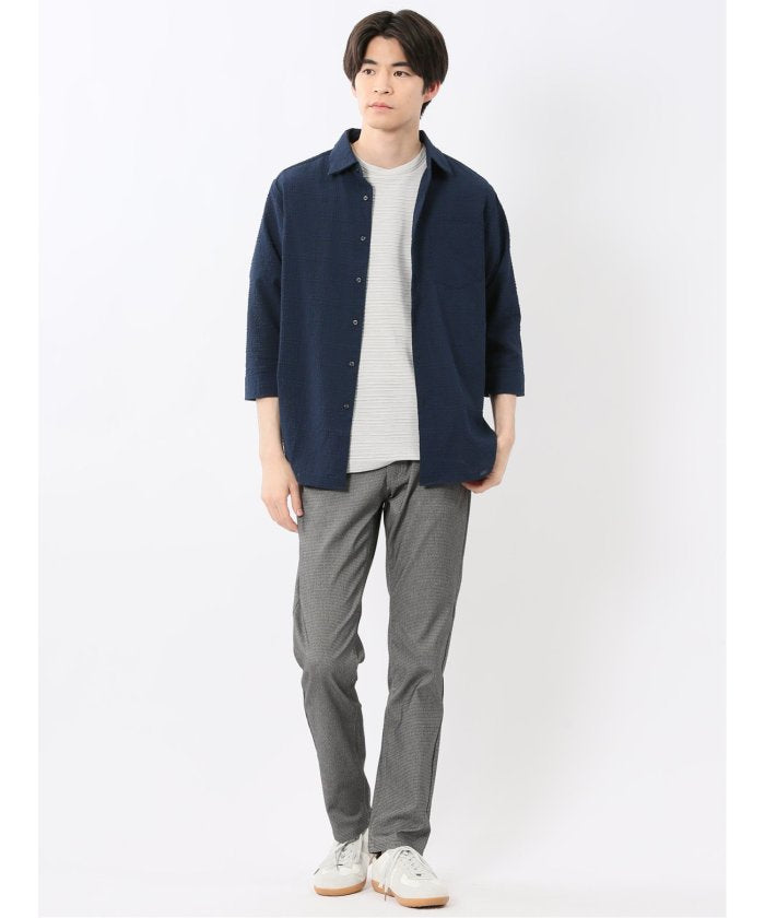 サッカーチェック レギュラーカラー7分袖シャツ (紺) メンズ シャツ カジュアル トップス インナー 半袖 5分袖 ギフト プレゼント ライトアウター カーディガン アウター 紺