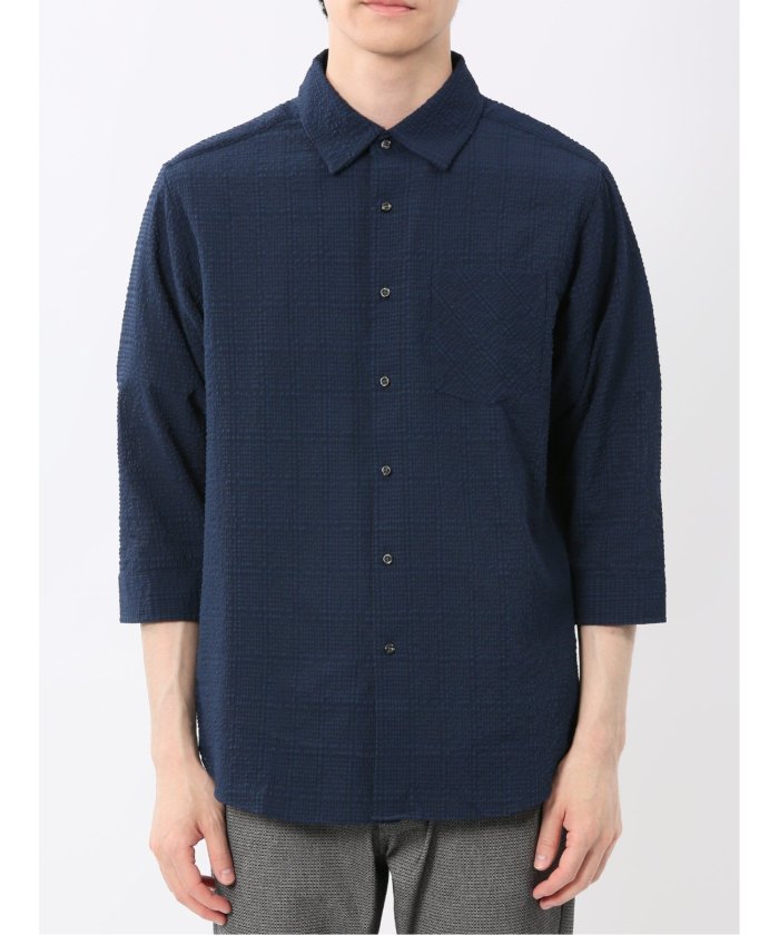 サッカーチェック レギュラーカラー7分袖シャツ (紺) メンズ シャツ カジュアル トップス インナー 半袖 5分袖 ギフト プレゼント ライトアウター カーディガン アウター 紺