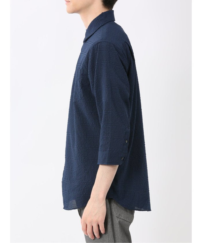 サッカーチェック レギュラーカラー7分袖シャツ (紺) メンズ シャツ カジュアル トップス インナー 半袖 5分袖 ギフト プレゼント ライトアウター カーディガン アウター 紺